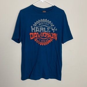 Harley-Davidson Mens Blue Tee- Orange Grey graphic on front- size Medium